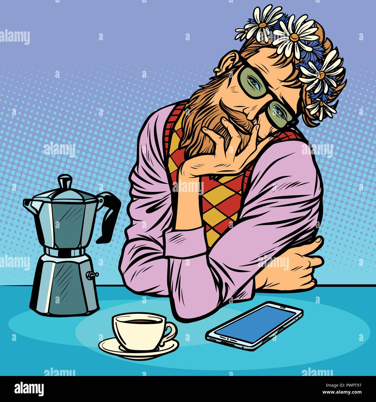 Un uomo romantico in amore, hipsters in ghirlanda di fiori Illustrazione Vettoriale