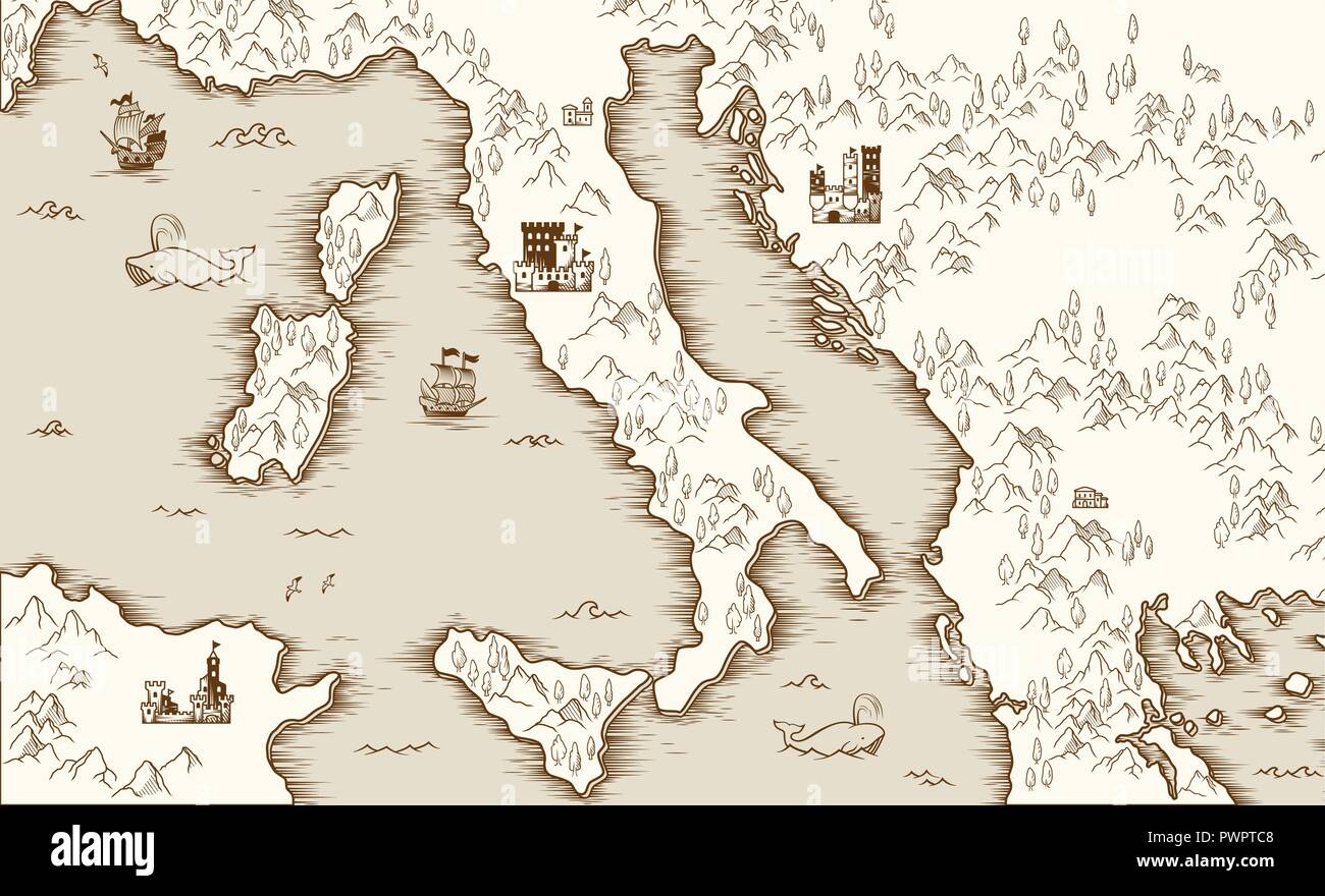 Mappa vecchia d'Italia, cartografia medievale, illustrazione vettoriale modello per il tuo design Illustrazione Vettoriale