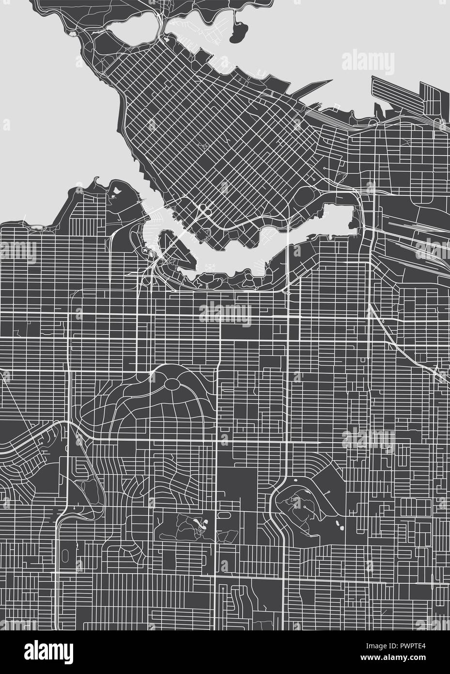 Vancouver city plan, dettagliata mappa vettoriale piano particolareggiato della città, fiumi e strade Illustrazione Vettoriale