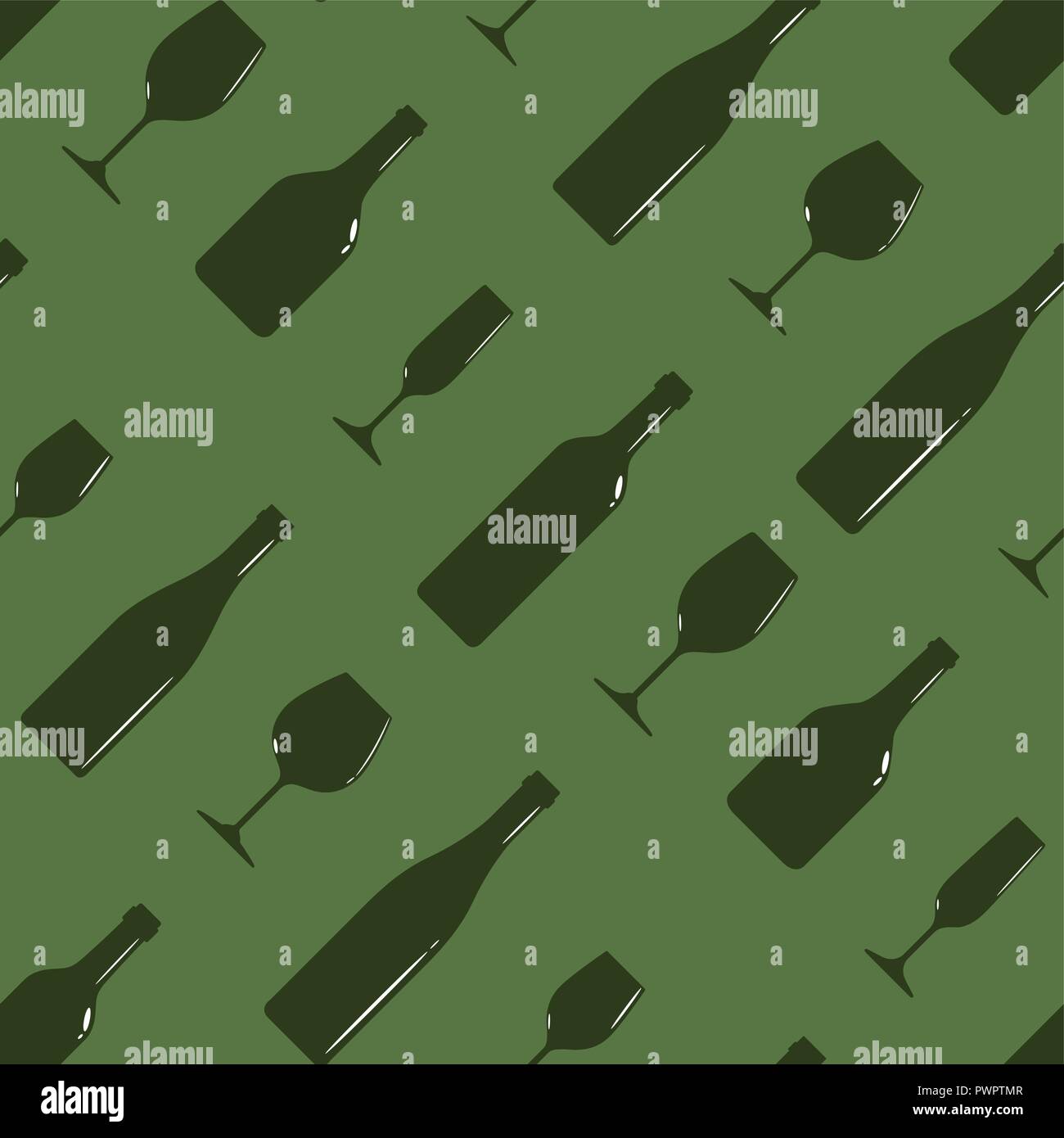 Vector seamless pattern con bottiglie di vino e di wineglass su sfondo verde modello per il tuo design Illustrazione Vettoriale