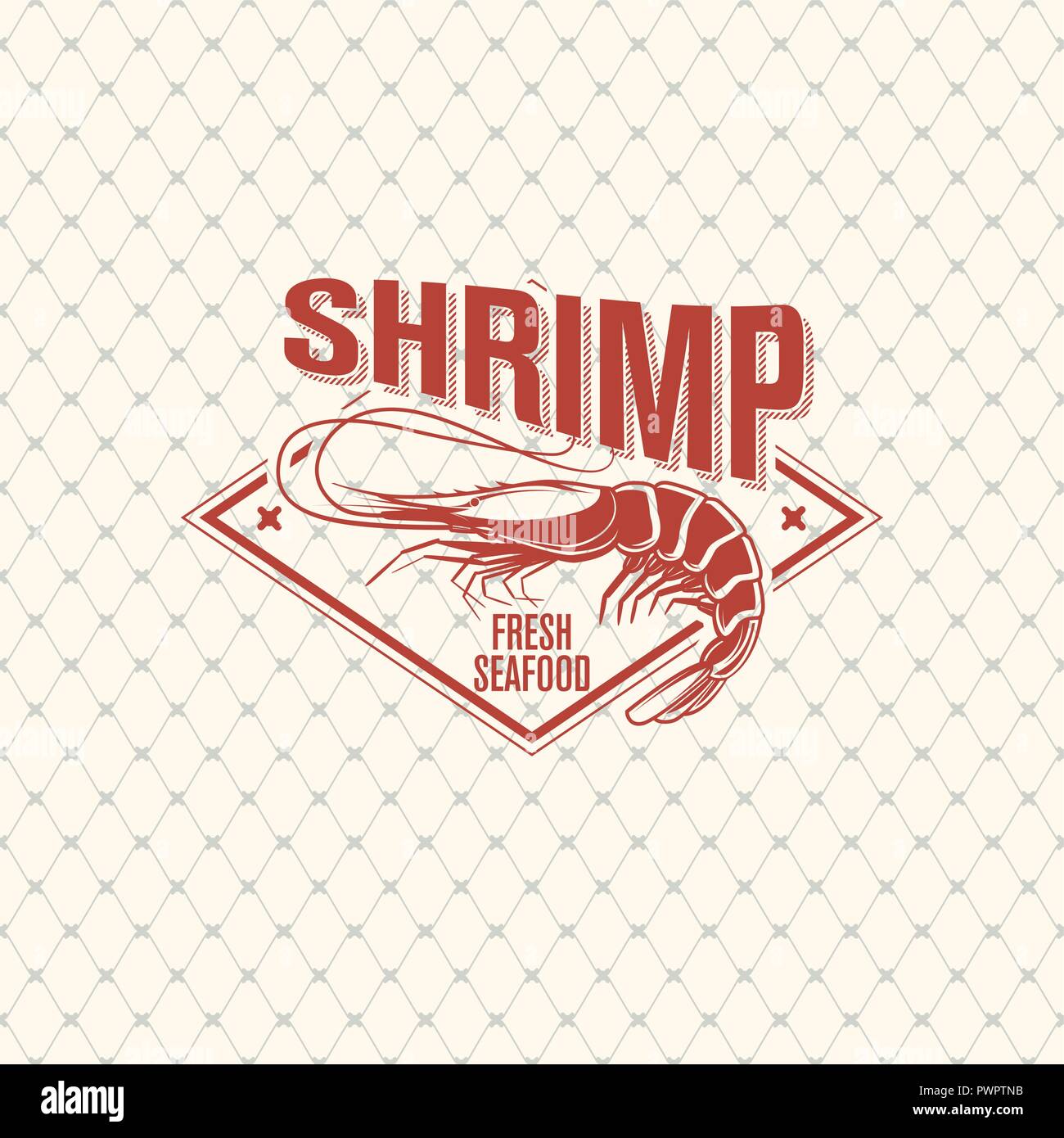 Gamberetti logo sul modello senza cuciture con rete da pesca, illustrazione vettoriale modello per il tuo logo design Illustrazione Vettoriale