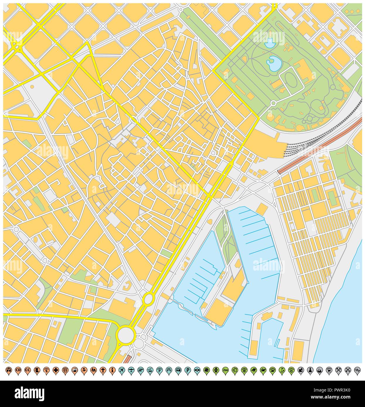 Mappa della città di Barcellona con il pin dei puntatori e icone di infrastruttura. Illustrazione Vettoriale