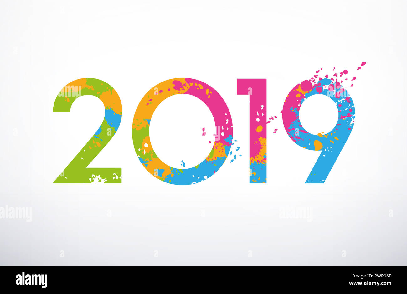 Anno Nuovo 2019 data dipinta con macchie colorate Foto Stock