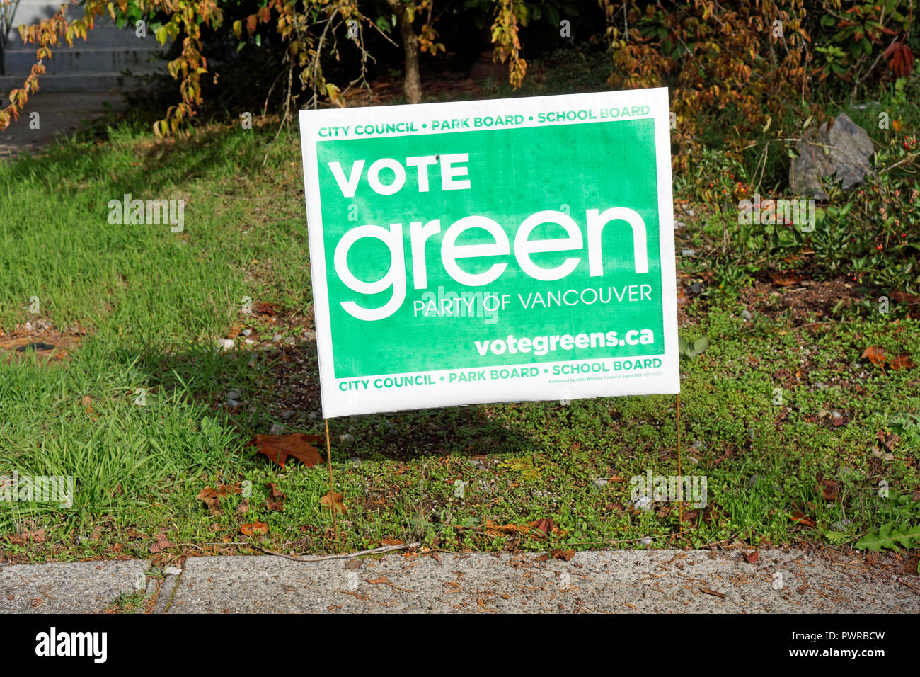 Partito dei Verdi di Vancouver segno della campagna per il 2018 Vancouver elezioni municipali, Vancouver, BC, Canada Foto Stock