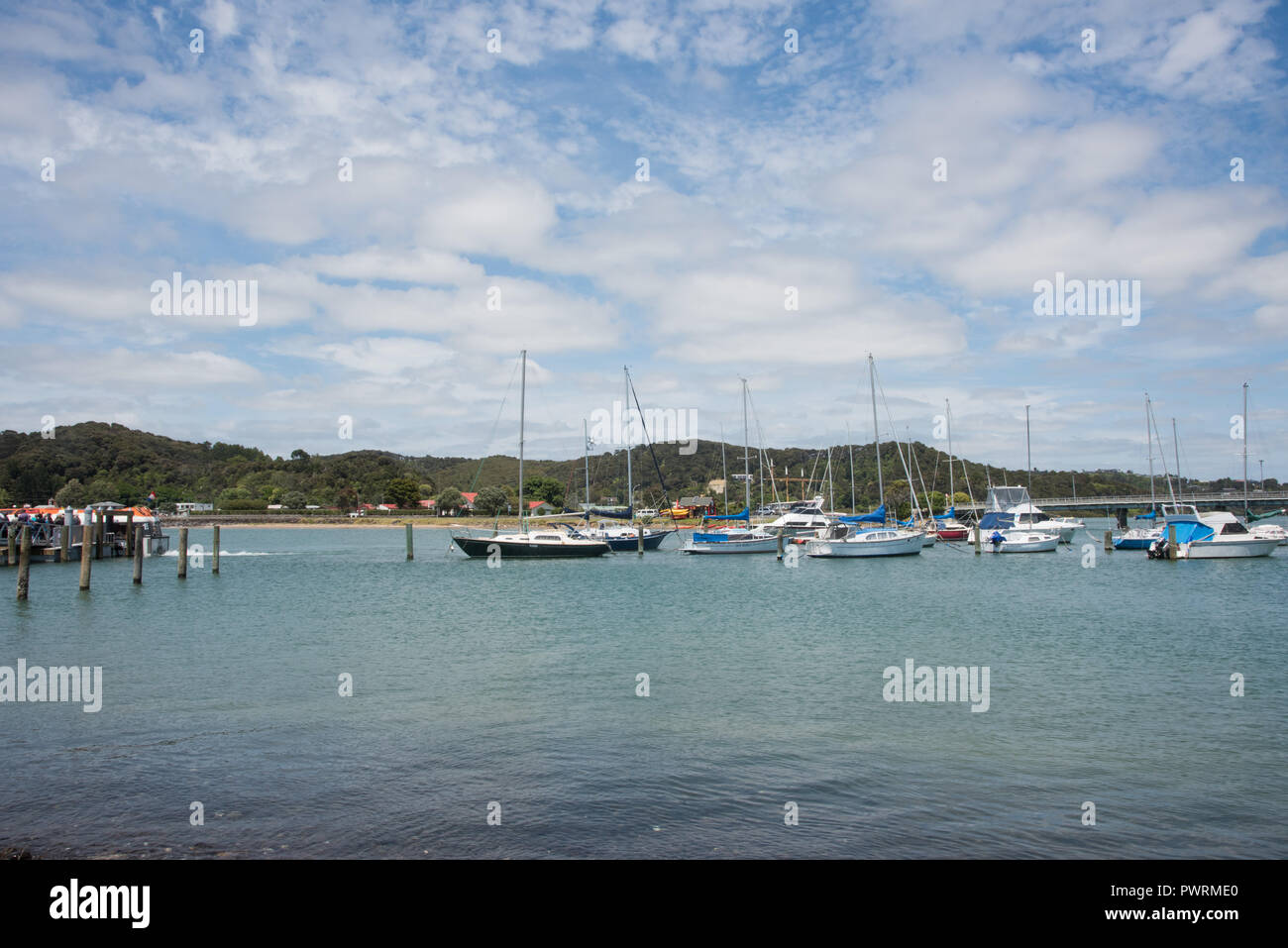 Waitangi, Baia delle Isole, Nuova Zealand-December 18,2016: Barche a vela ancorate nel Mare di Tasman harbour con vegetazione lussureggiante a Waitangi, Nuova Zelanda Foto Stock