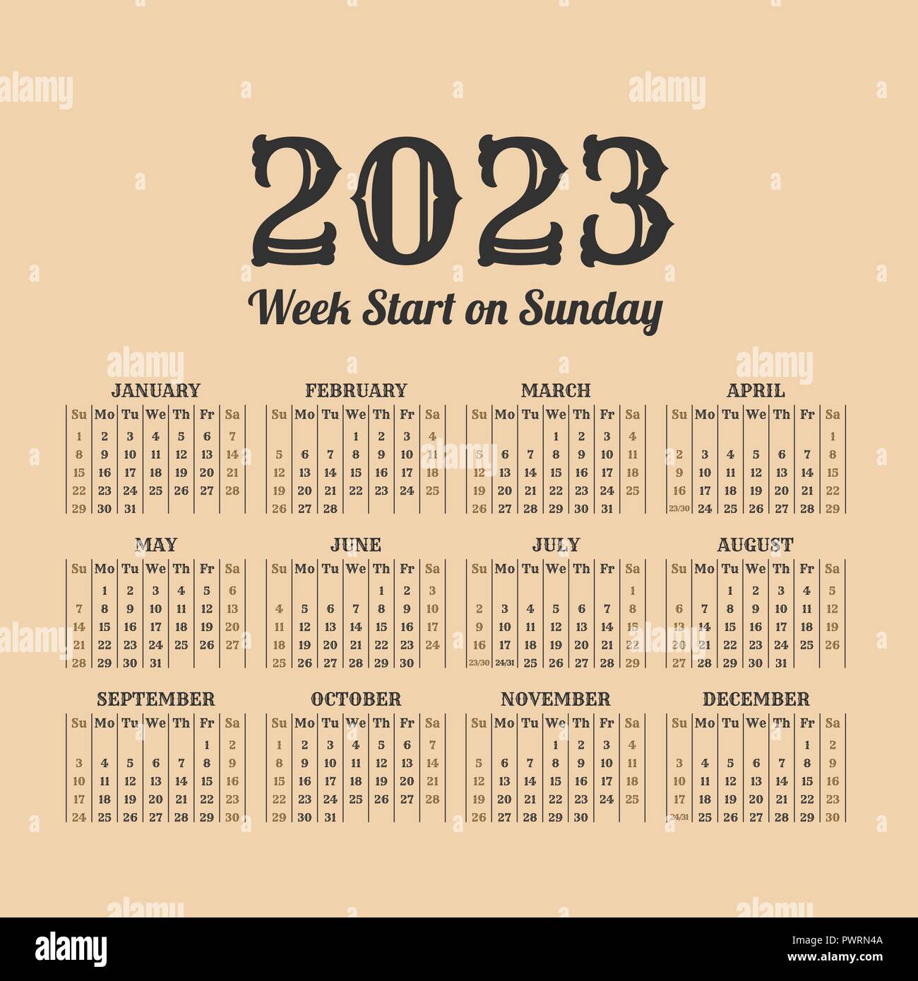 2023 anno di calendario retrò. Settimane inizio Domenica Illustrazione Vettoriale