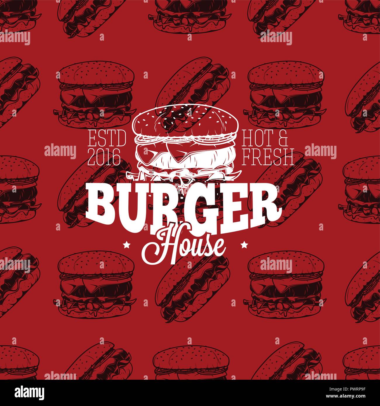 Burger House logo sul modello senza giunture di fast food, illustrazione vettoriale modello per il tuo logo design Illustrazione Vettoriale