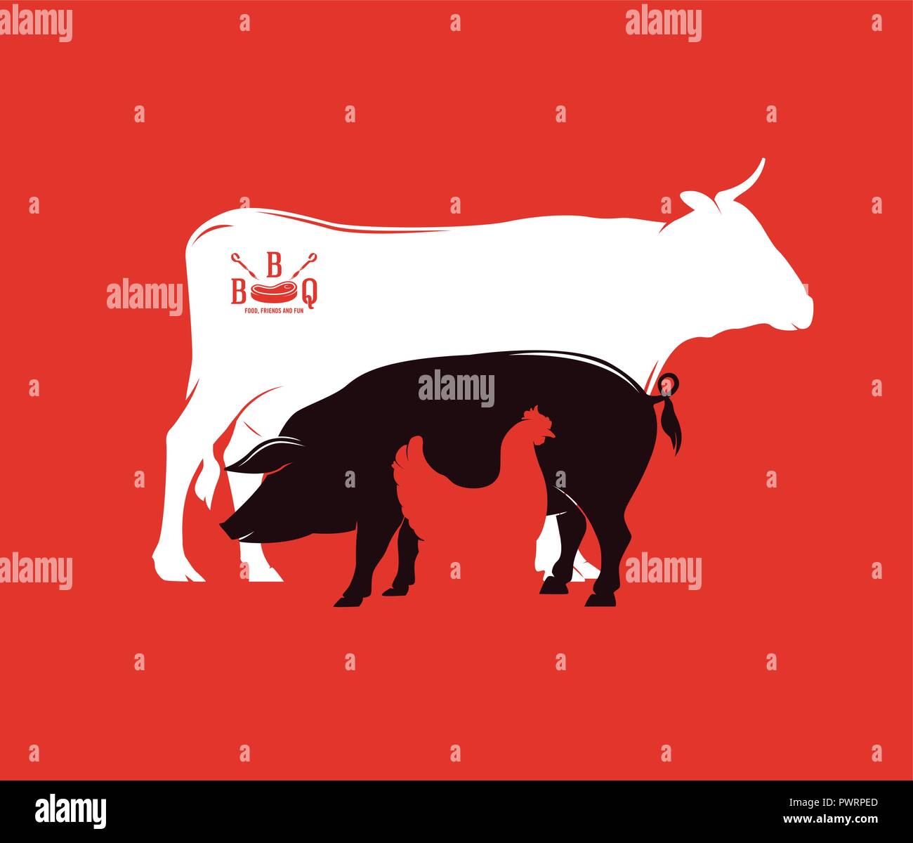 Silhouette di animali da fattoria, tempo di barbecue illustrazione vettoriale modello per il tuo logo design Illustrazione Vettoriale