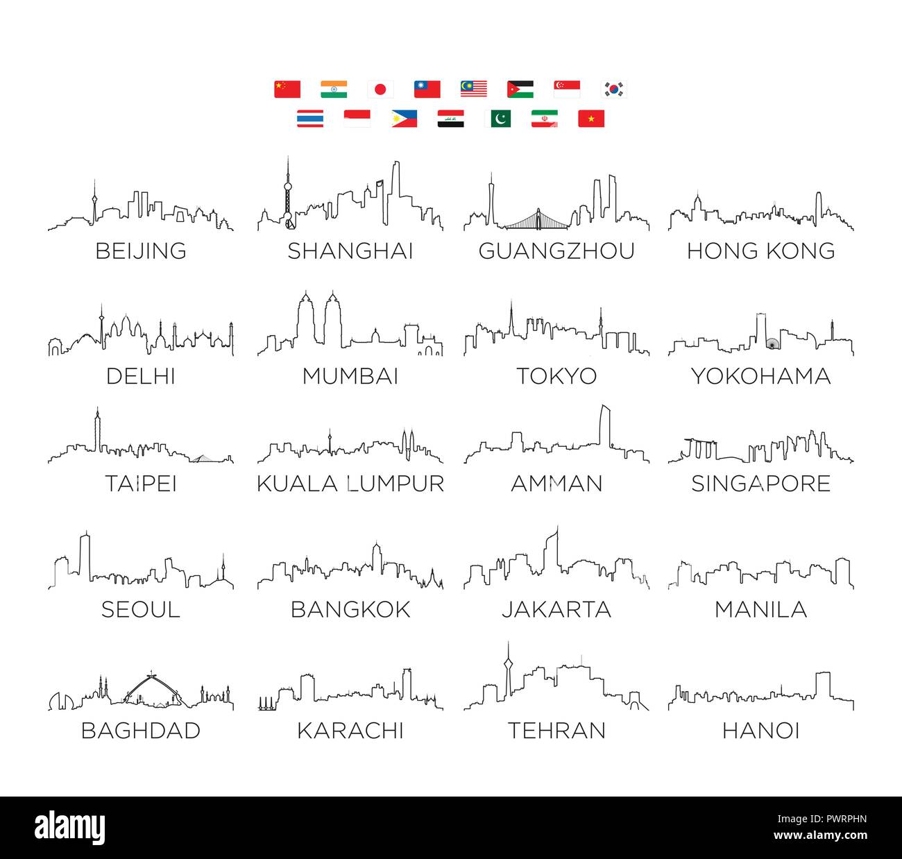 Asia skyline city line art, illustrazione vettoriale set di design della città di vettore sagome Illustrazione Vettoriale