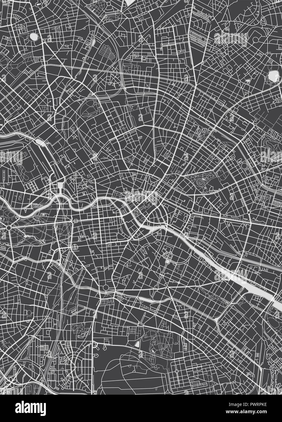 Berlin city plan, dettagliata mappa vettoriale piano particolareggiato della città, fiumi e strade Illustrazione Vettoriale