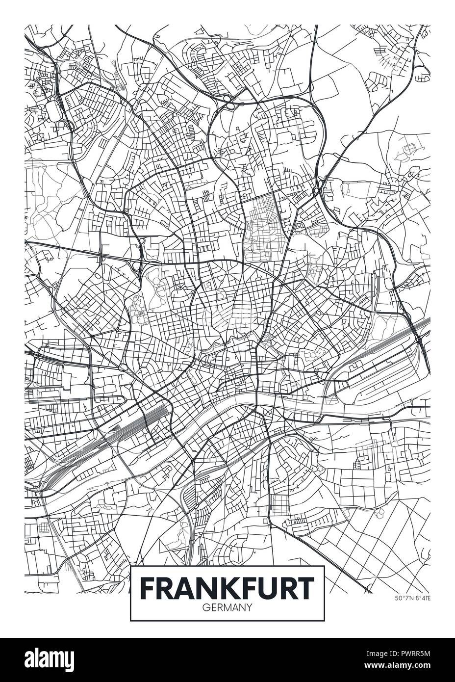 Vettore dettagliata poster mappa della città di Francoforte il piano dettagliato della città, fiumi e strade Illustrazione Vettoriale