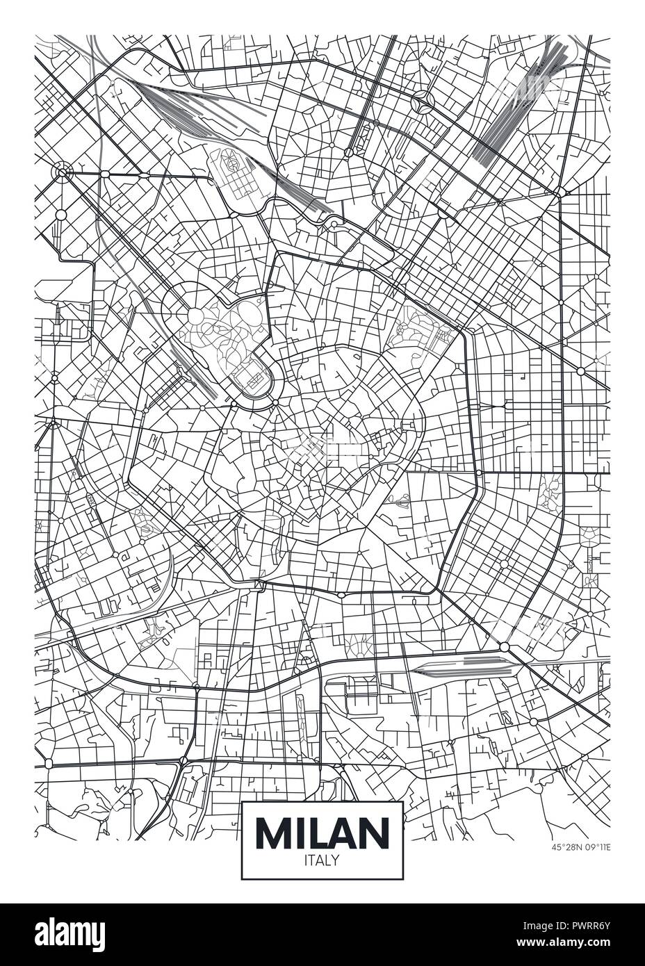 Vettore dettagliata poster mappa della città di Milano il piano dettagliato della città, fiumi e strade Illustrazione Vettoriale