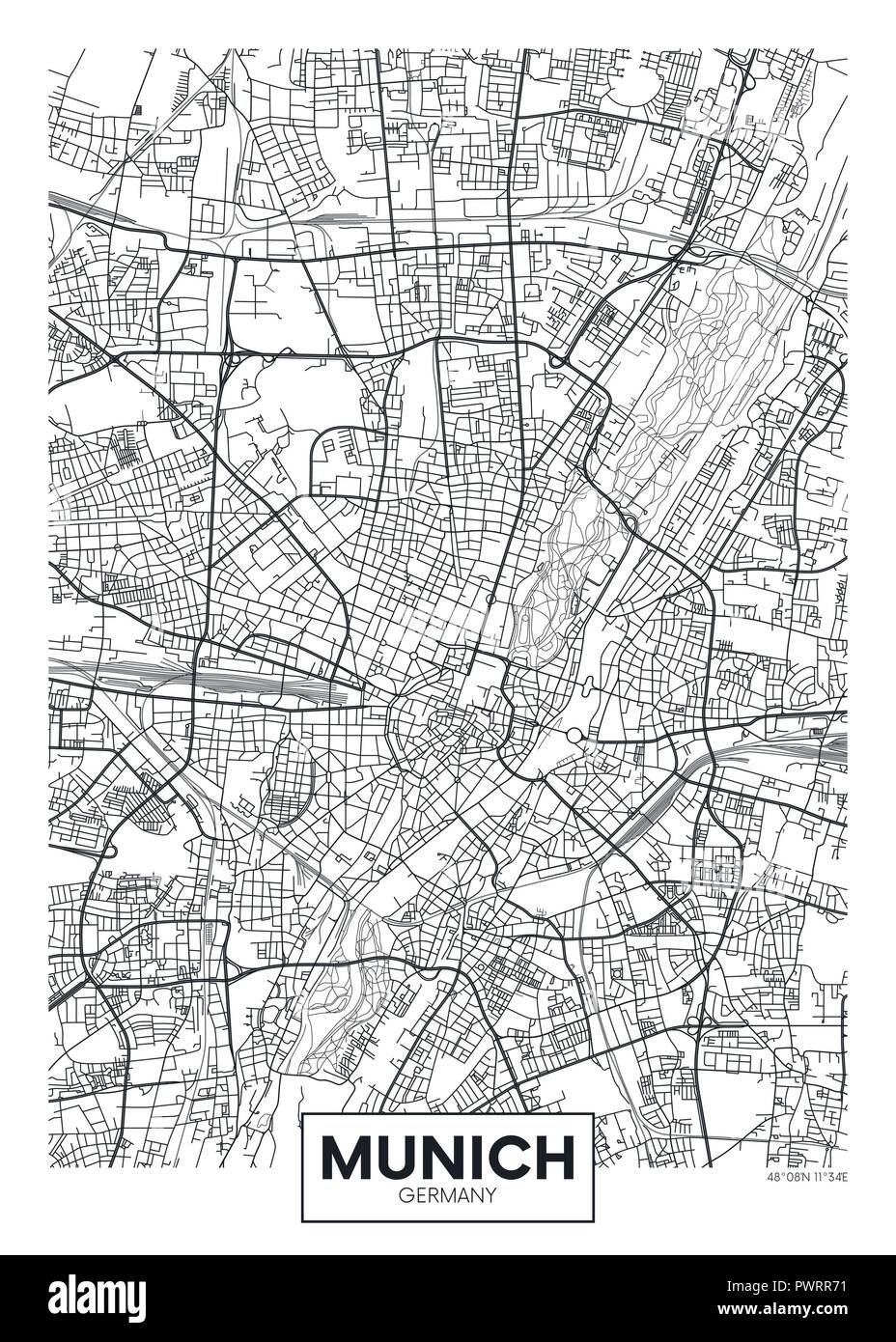 Vettore dettagliata poster mappa della città di Monaco di Baviera il piano dettagliato della città, fiumi e strade Illustrazione Vettoriale