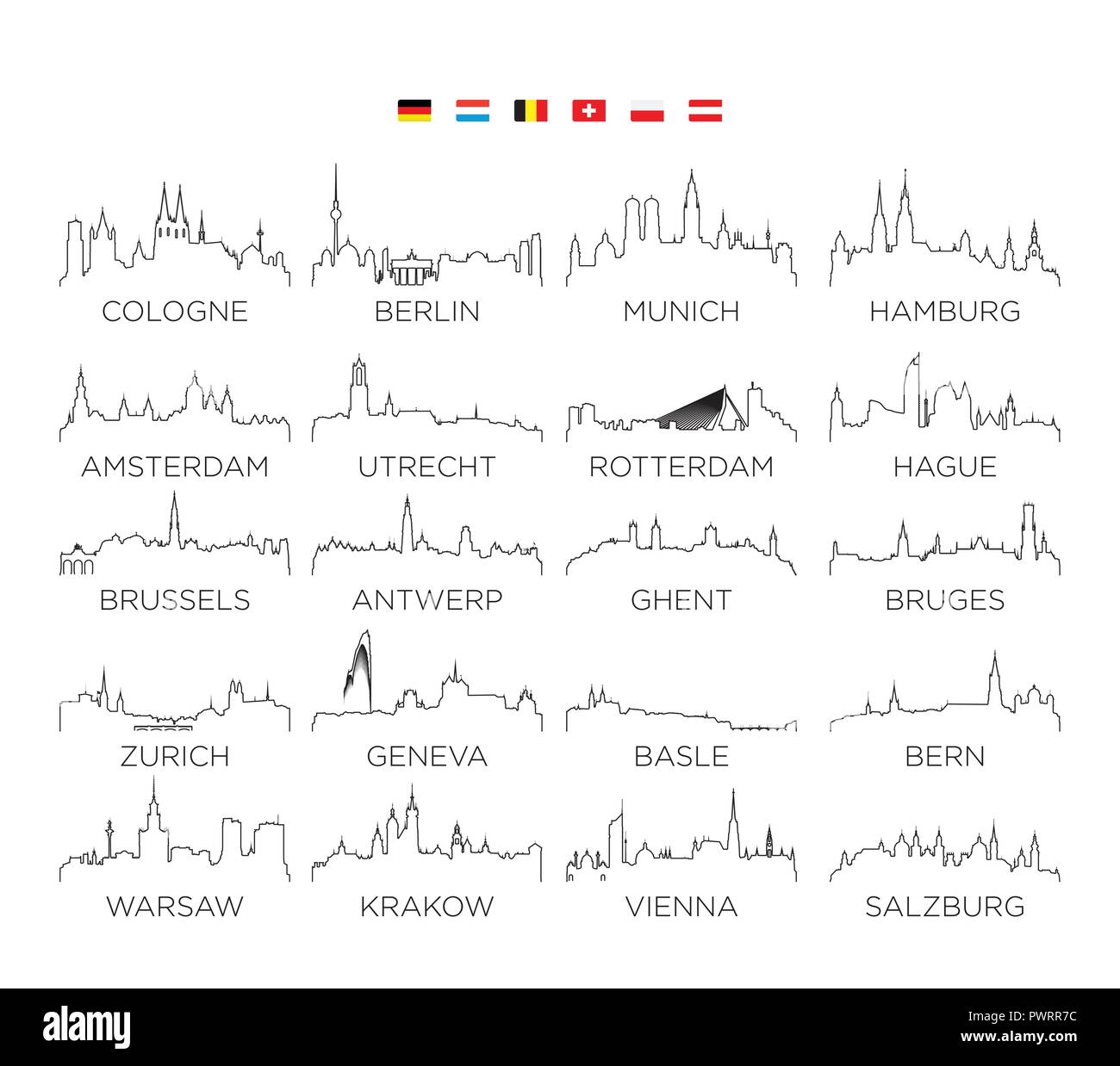 Europa skyline city line art, illustrazione vettoriale design, set 1 set di vettore silhouette della città Illustrazione Vettoriale