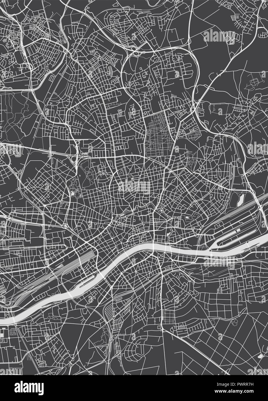 Frankfurt am Main city plan, dettagliata mappa vettoriale piano particolareggiato della città, fiumi e strade Illustrazione Vettoriale