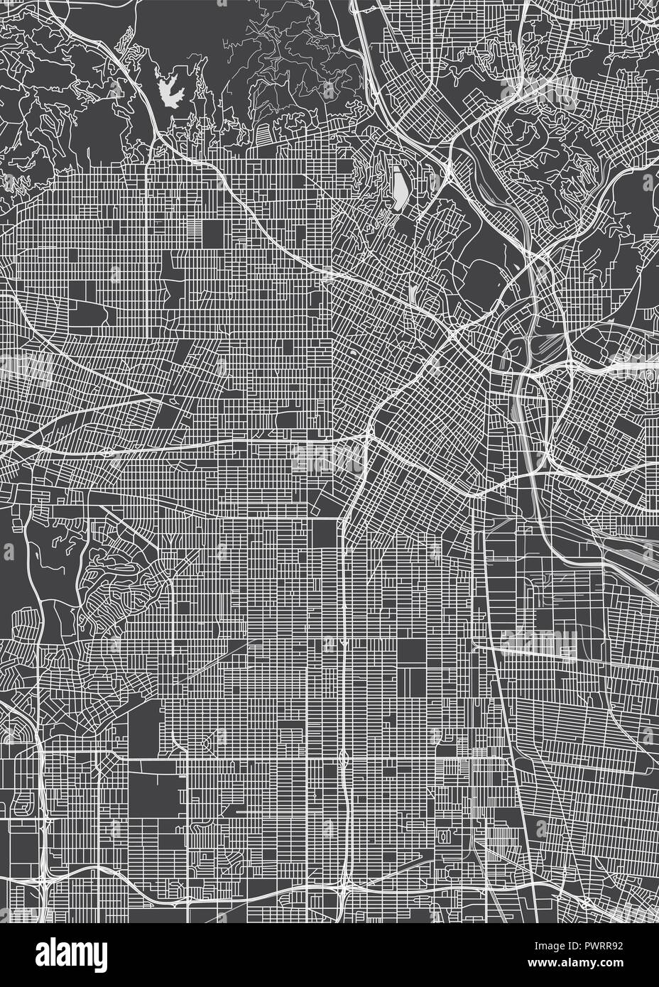 Los Angeles city plan, dettagliata mappa vettoriale piano particolareggiato della città, fiumi e strade Illustrazione Vettoriale