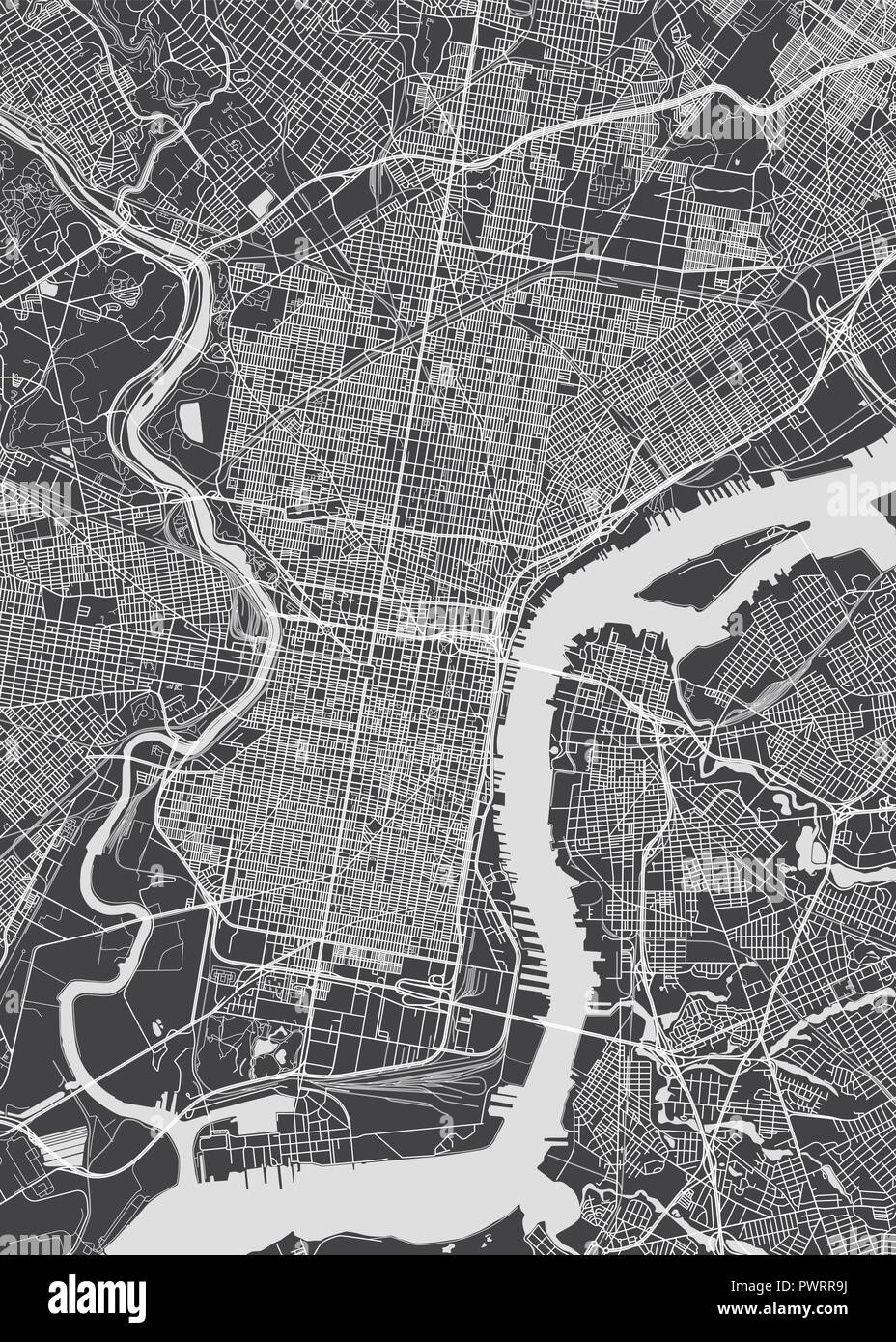 Philadelphia city plan, dettagliata mappa vettoriale piano particolareggiato della città, fiumi e strade Illustrazione Vettoriale