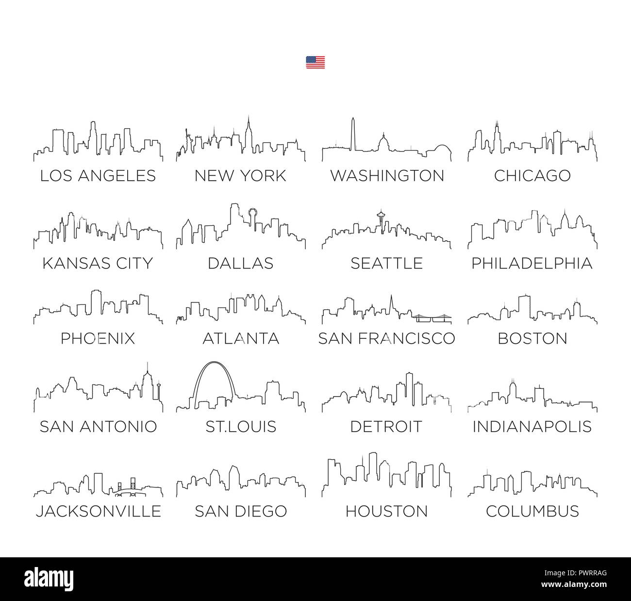 Stati Uniti d'America skyline city line art, illustrazione vettoriale set di design della città di vettore sagome Illustrazione Vettoriale
