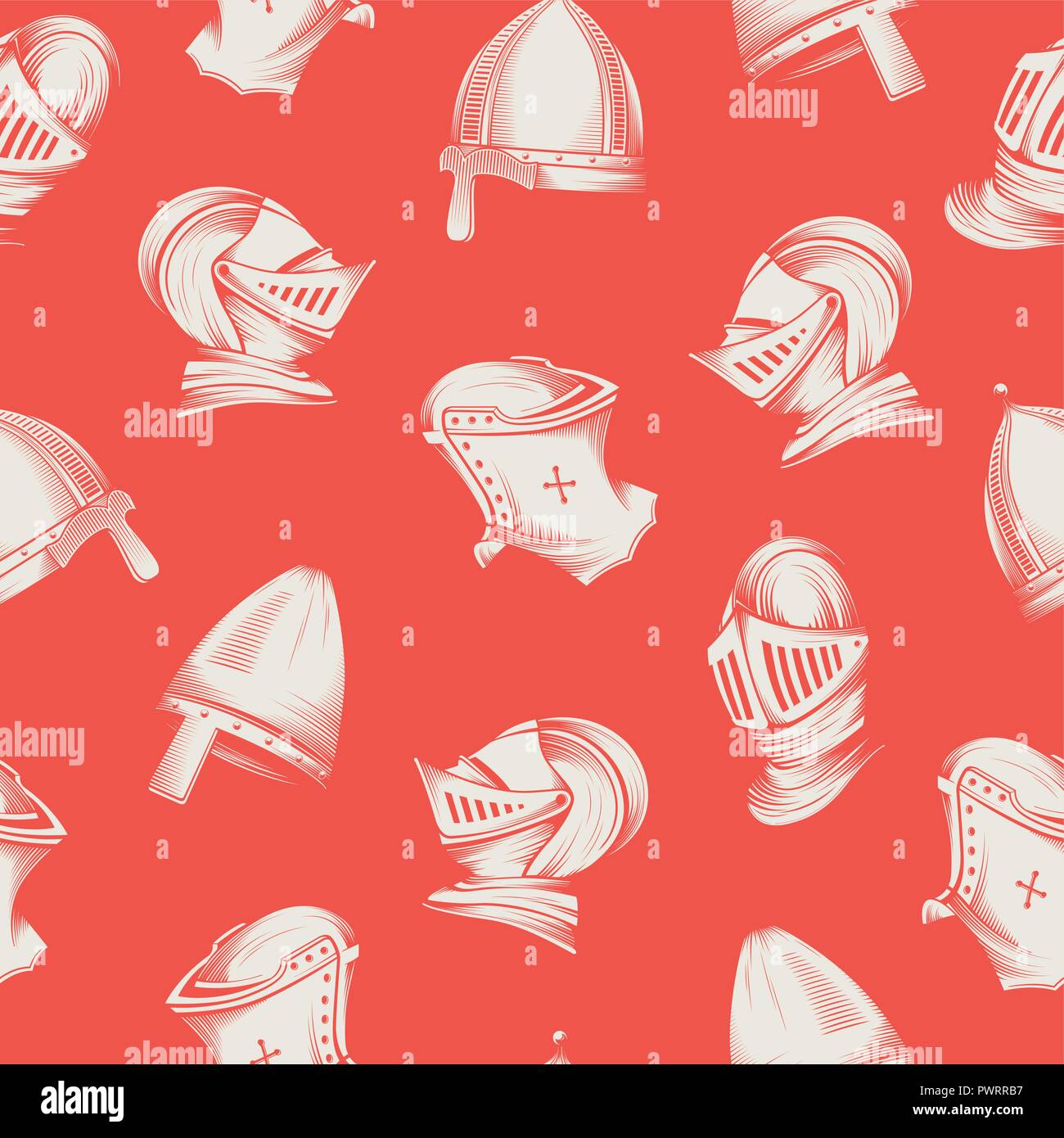 Vector seamless pattern con caschi medievale, schizzo stile modello di incisione per il tuo design Illustrazione Vettoriale