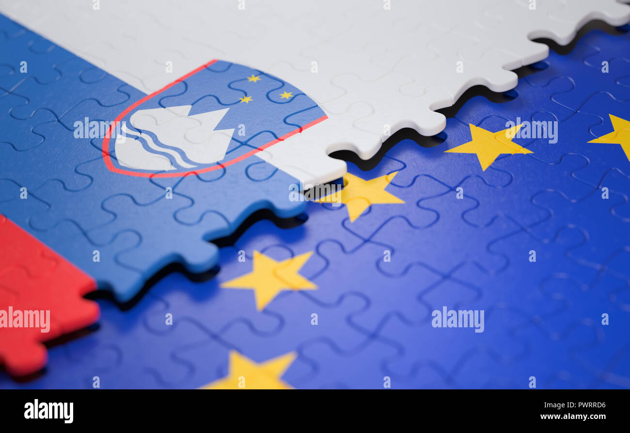 Bandiera della Slovenia e l'Unione europea sotto forma di pezzi di un puzzle nel concetto di politica e unione economica. Foto Stock