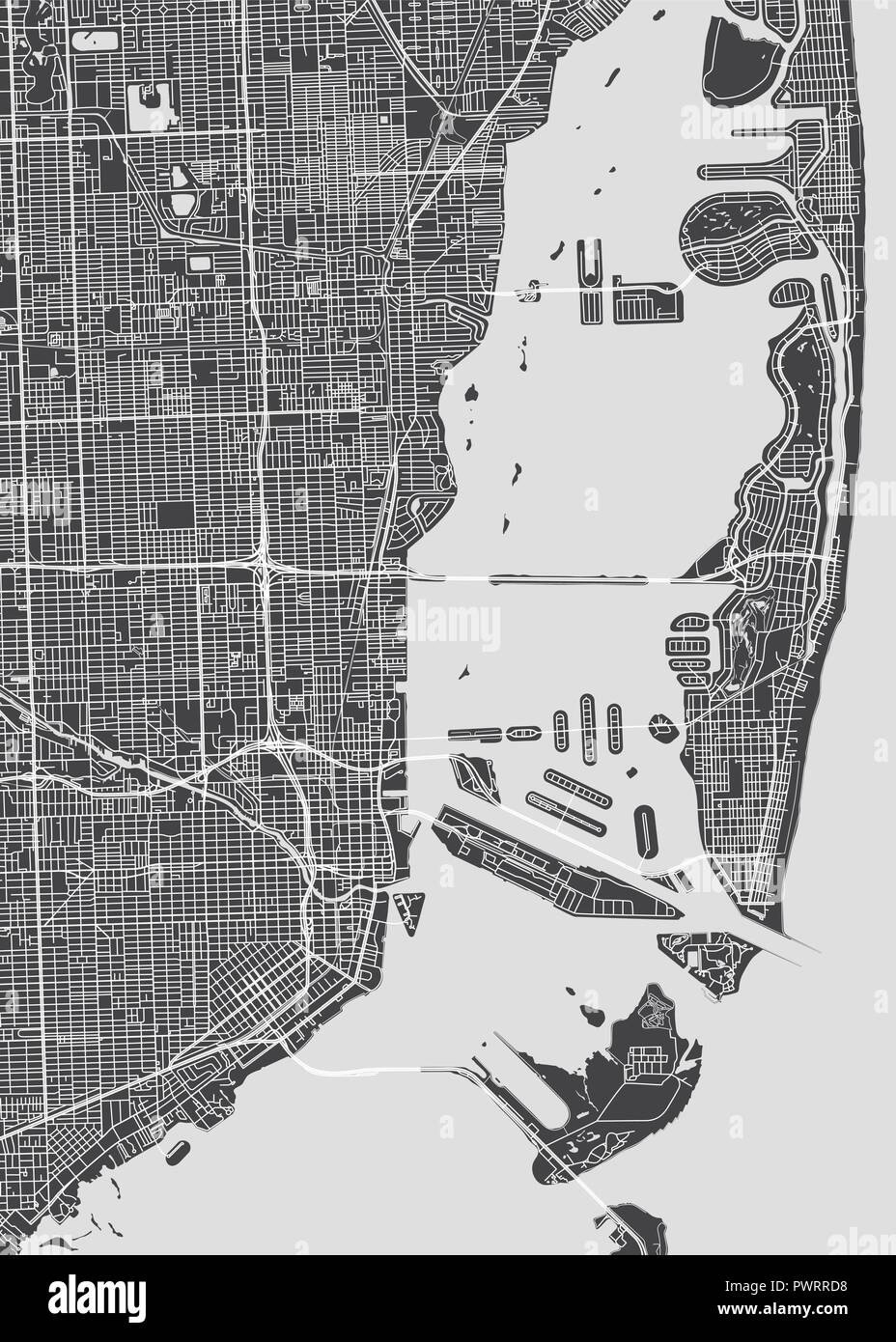 Mappa della città di Miami, monocromatico piano dettagliato, illustrazione vettoriale piano particolareggiato della città, fiumi e strade Illustrazione Vettoriale