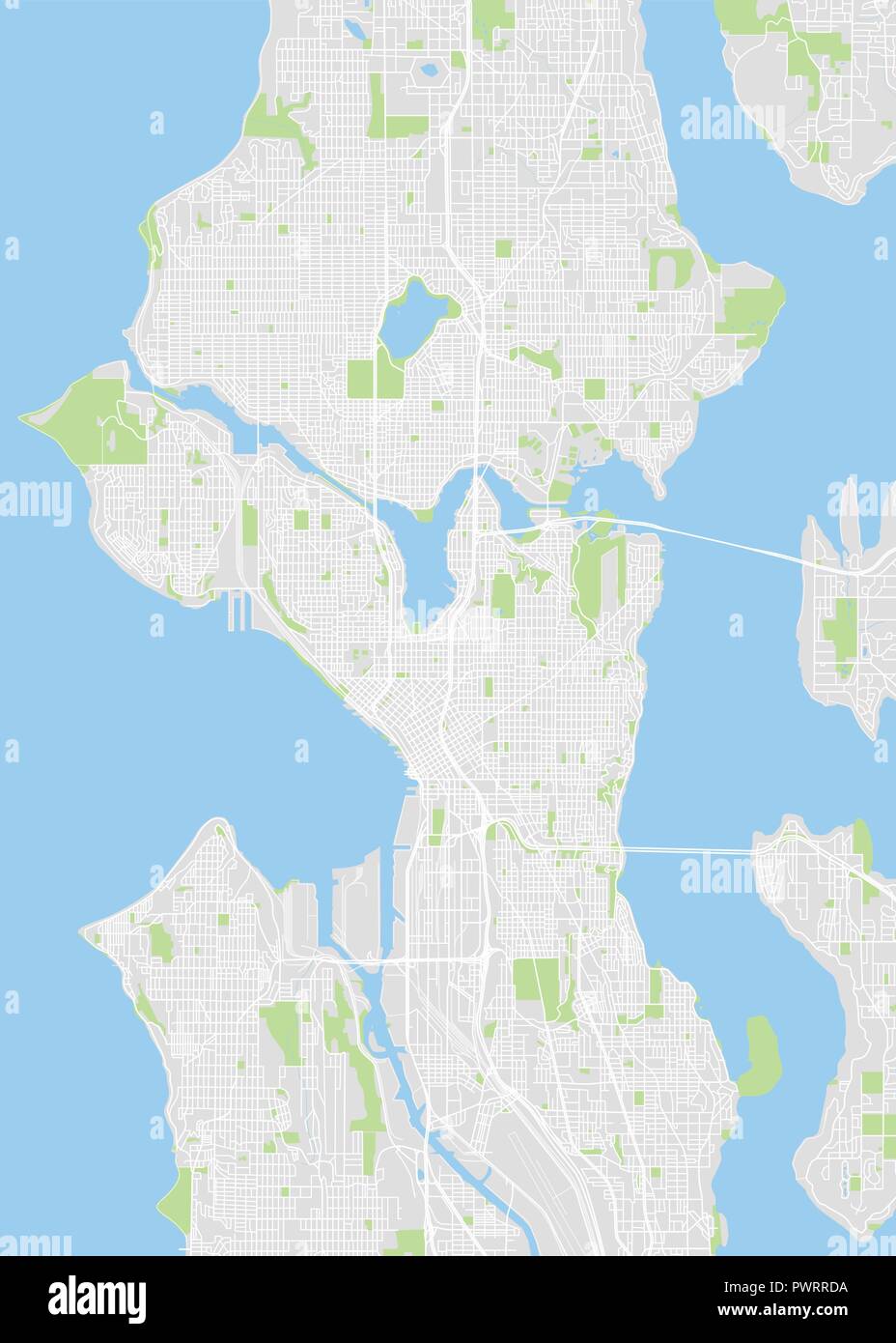 Mappa della città di Seattle, color piano dettagliato, illustrazione vettoriale piano particolareggiato della città, fiumi e strade Illustrazione Vettoriale