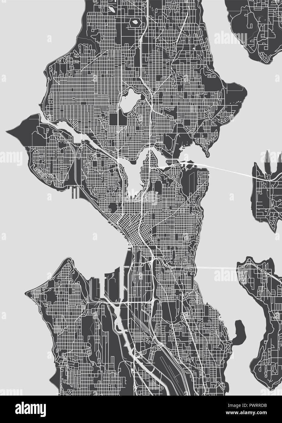 Mappa della città di Seattle, monocromatico piano dettagliato, illustrazione vettoriale piano particolareggiato della città, fiumi e strade Illustrazione Vettoriale
