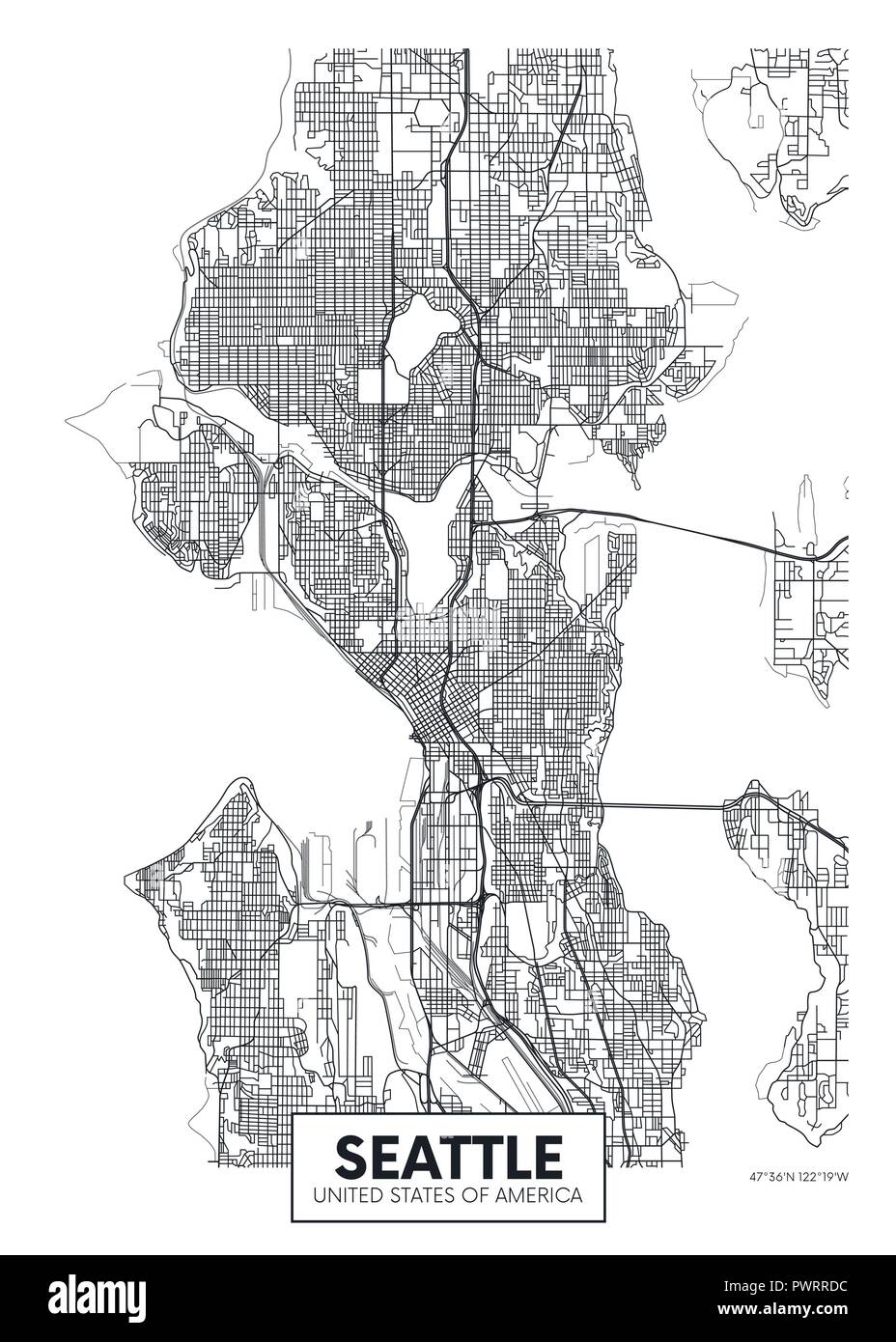 Mappa della città di Seattle, vettore di viaggio design poster piano particolareggiato della città, fiumi e strade Illustrazione Vettoriale