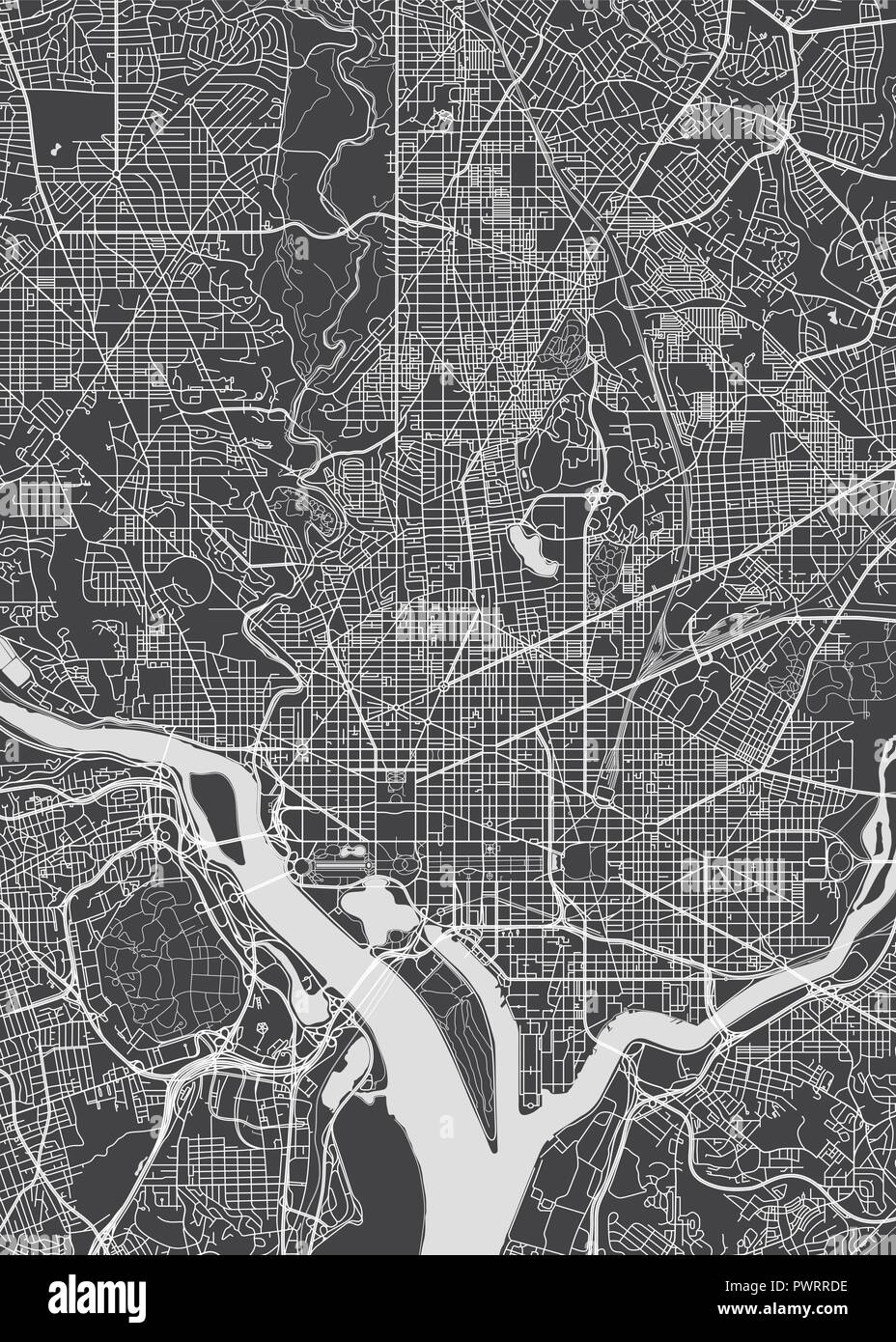 Mappa della città di Washington, monocromatico piano dettagliato, illustrazione vettoriale piano particolareggiato della città, fiumi e strade Illustrazione Vettoriale