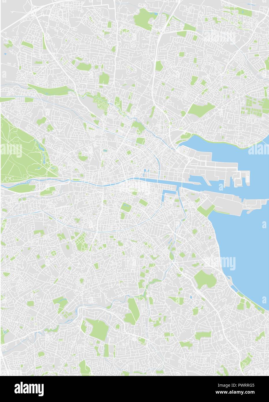 Vettore dettagliata mappa a colori di Dublino il piano particolareggiato della città, fiumi e strade Illustrazione Vettoriale