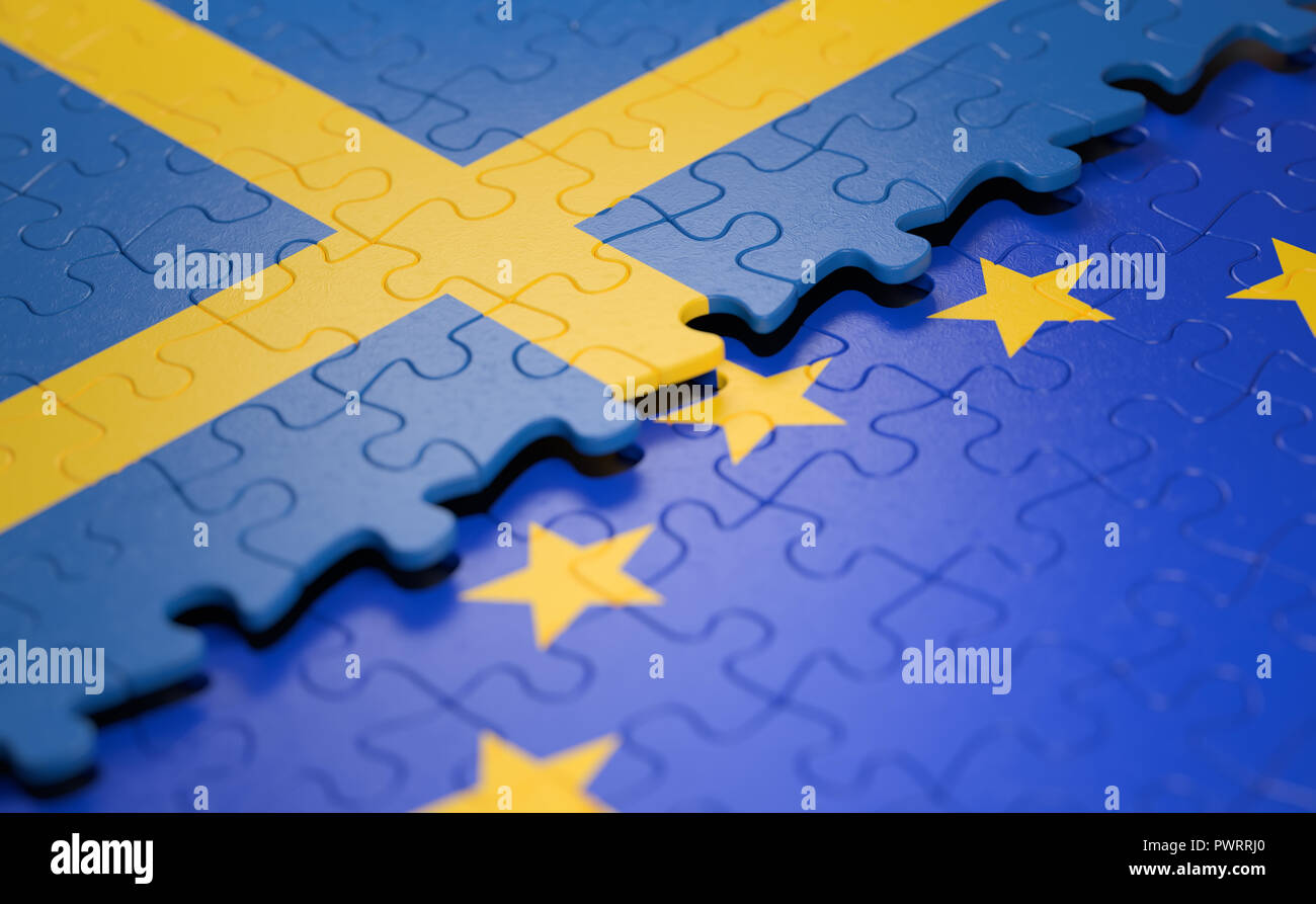 Bandiera della Svezia e l'Unione europea sotto forma di pezzi di un puzzle nel concetto di politica e unione economica. Foto Stock