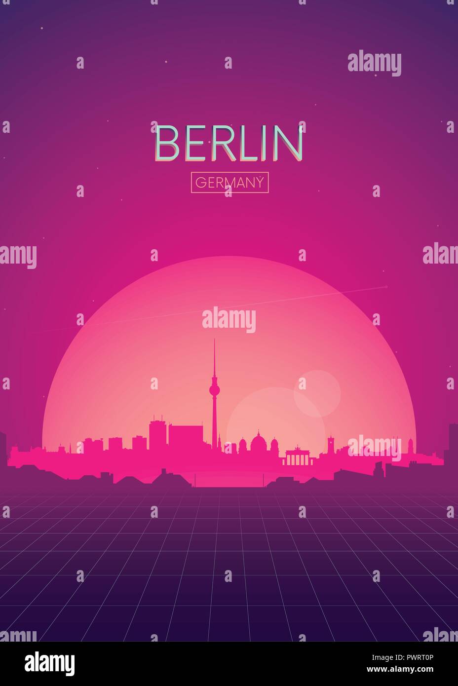Viaggio vettori poster illustrazioni, futuristico skyline retrò modello di Berlino per il tuo design Illustrazione Vettoriale