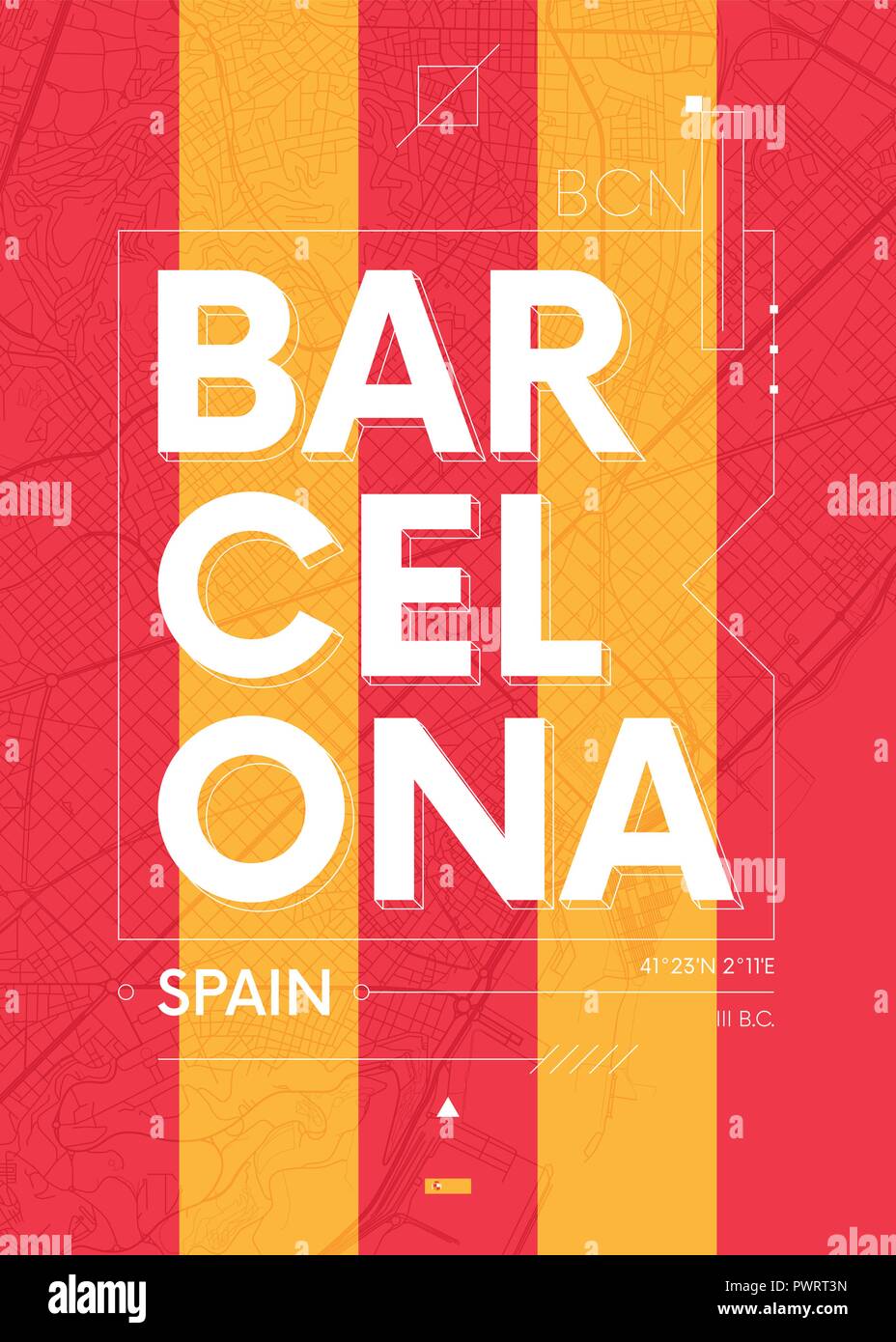 Tipografia Grafica poster a colori con una mappa di Barcellona, vettore illustrazione di viaggio modello per il tuo design Illustrazione Vettoriale