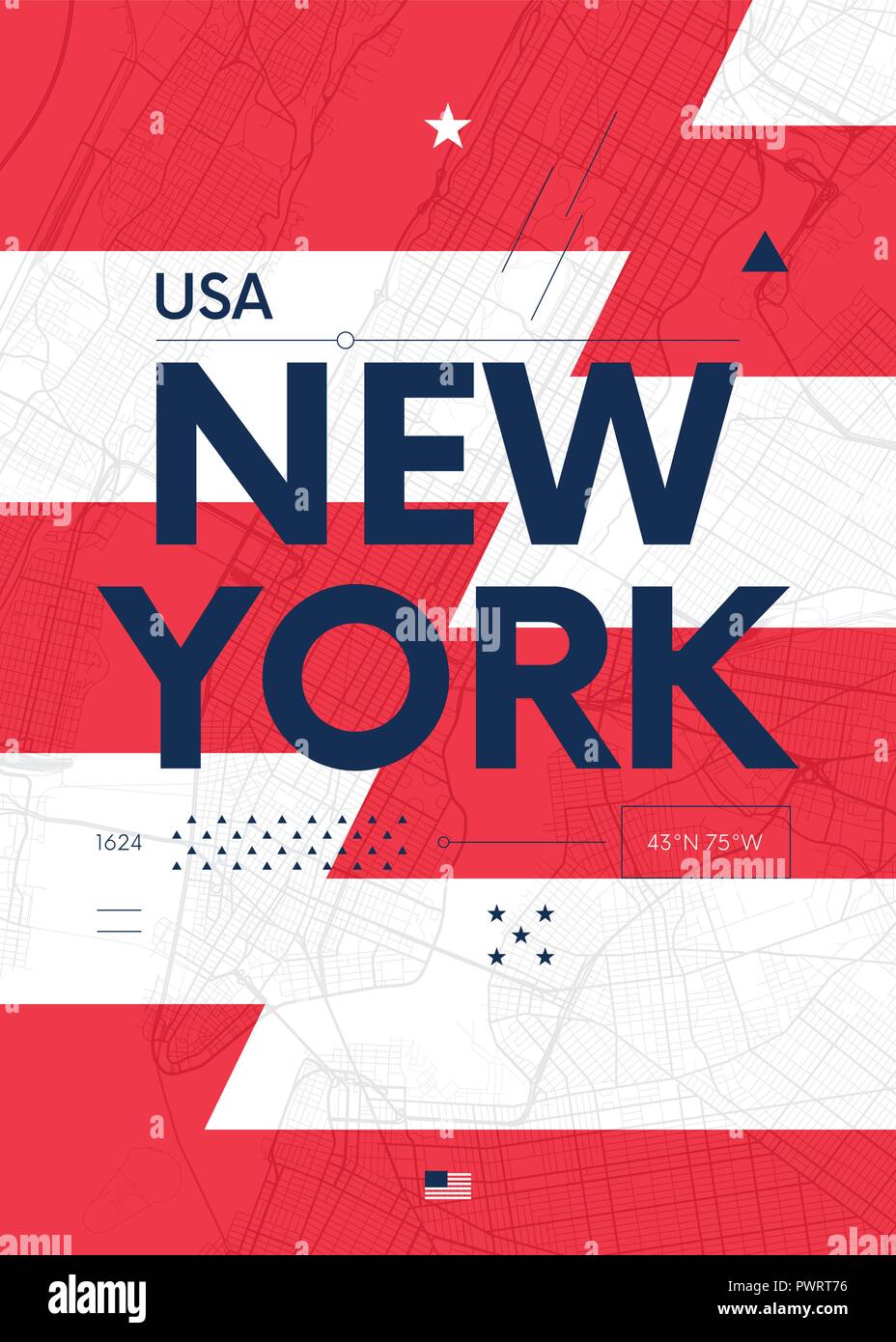 Tipografia Grafica poster a colori con una mappa di New York, vettore illustrazione di viaggio modello per il tuo design Illustrazione Vettoriale