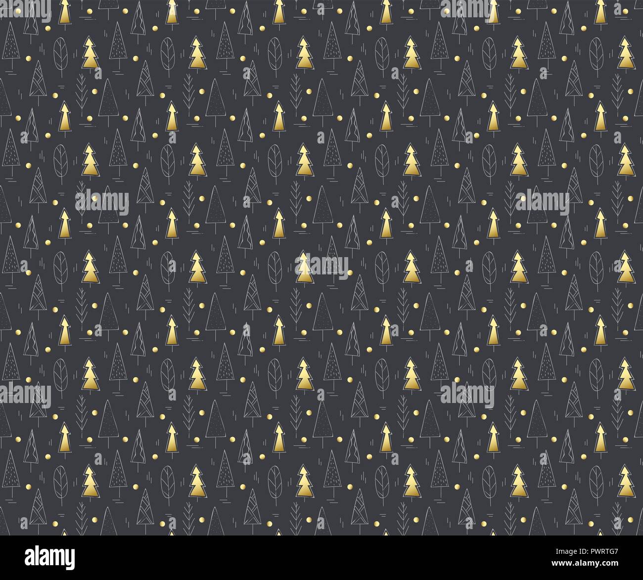 Foresta di Pini, seamless golden background pattern in stile scarabocchio. schizzo alberi. vettore texture della natura Illustrazione Vettoriale