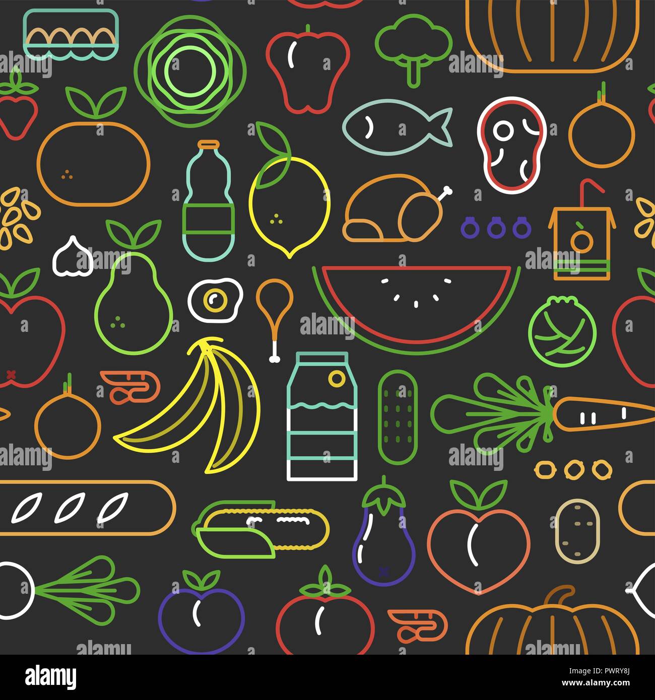 Icona alimentare seamless pattern con contorno colorato stile simboli. Mangiare sano o una nutrizione equilibrata concetto dello sfondo. Comprende frutta e verdura, m Illustrazione Vettoriale