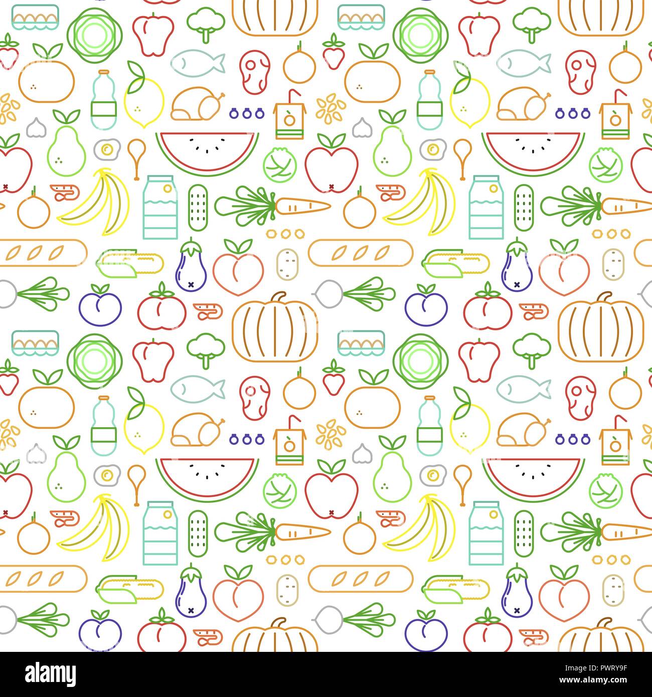 Icona alimentare seamless pattern con contorno colorato stile simboli. Mangiare sano o una nutrizione equilibrata concetto dello sfondo. Comprende frutta e verdura, m Illustrazione Vettoriale