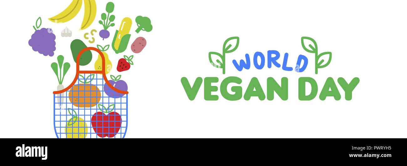 Mondo vegan giorno banner web illustrazione per la dieta speciale e il mangiare sano. Sacchetto shopper con colorate piatte icone cartoon. Comprende frutta e verdura, Illustrazione Vettoriale