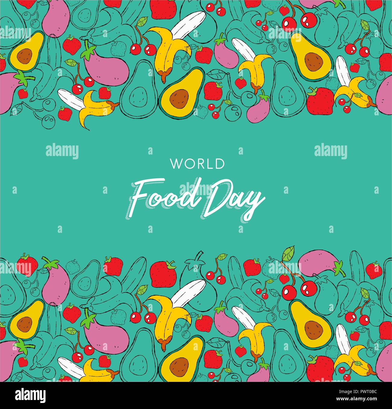 Food Day greeting card con sfondo disegnato a mano la frutta e la verdura icone. Mangiare sano o una nutrizione equilibrata concetto dello sfondo. Illustrazione Vettoriale