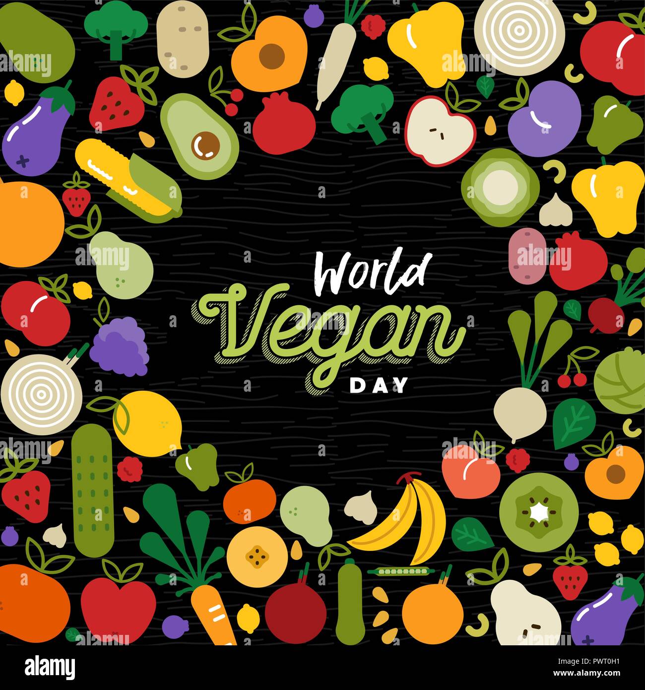 World Vegan Day greeting card con frutta e verdura. Piatto icona del fumetto illustrazione per la sana alimentazione o alimentazione bilanciata concetto. Illustrazione Vettoriale