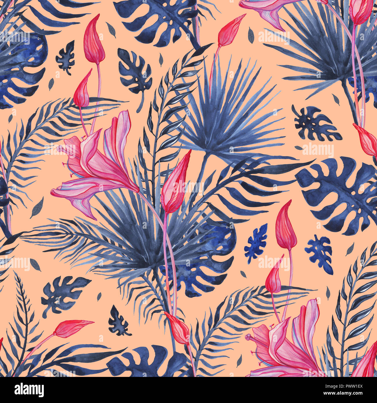 Splendidi fiori tropicali, seamless pattern. Acquerello disegnata a mano illustrazione, sfondo esotico Foto Stock