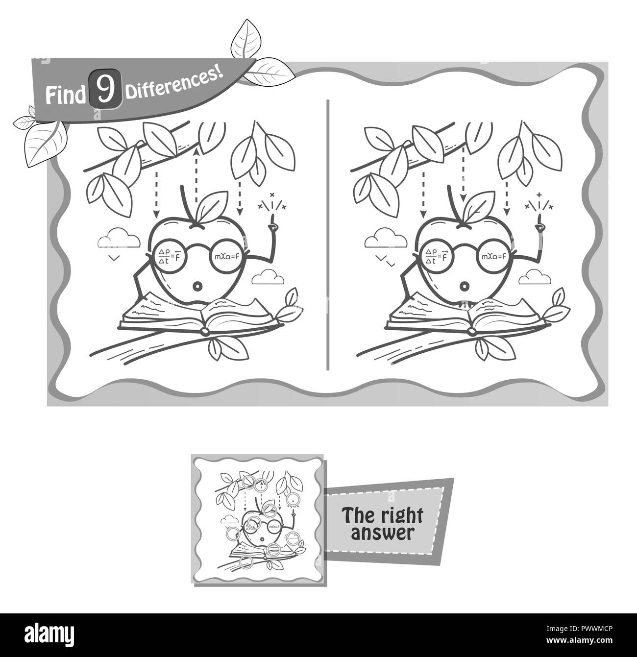 Visual gioco per bambini e adulti. Il compito di trovare 9 differenze nell'illustrazione sul bordo della scuola. in bianco e nero illustrazione vettoriale Illustrazione Vettoriale