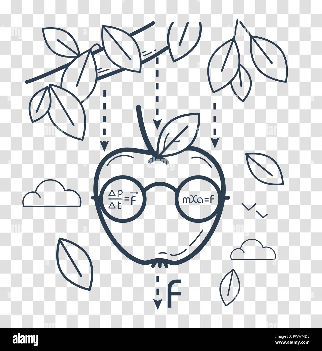 Concetto di conoscenze, scienza, apprendimento in forma di un divertente newtoniani apple. in bianco e nero illustrazione. Icona di stile lineare Illustrazione Vettoriale