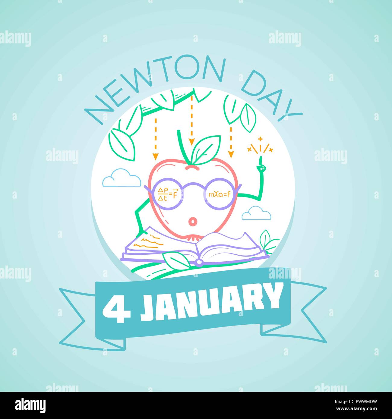 Calendario per ogni giorno a partire dal 4 gennaio. Biglietto di auguri. Holiday - Giornata di Newton. Icona di stile lineare Illustrazione Vettoriale
