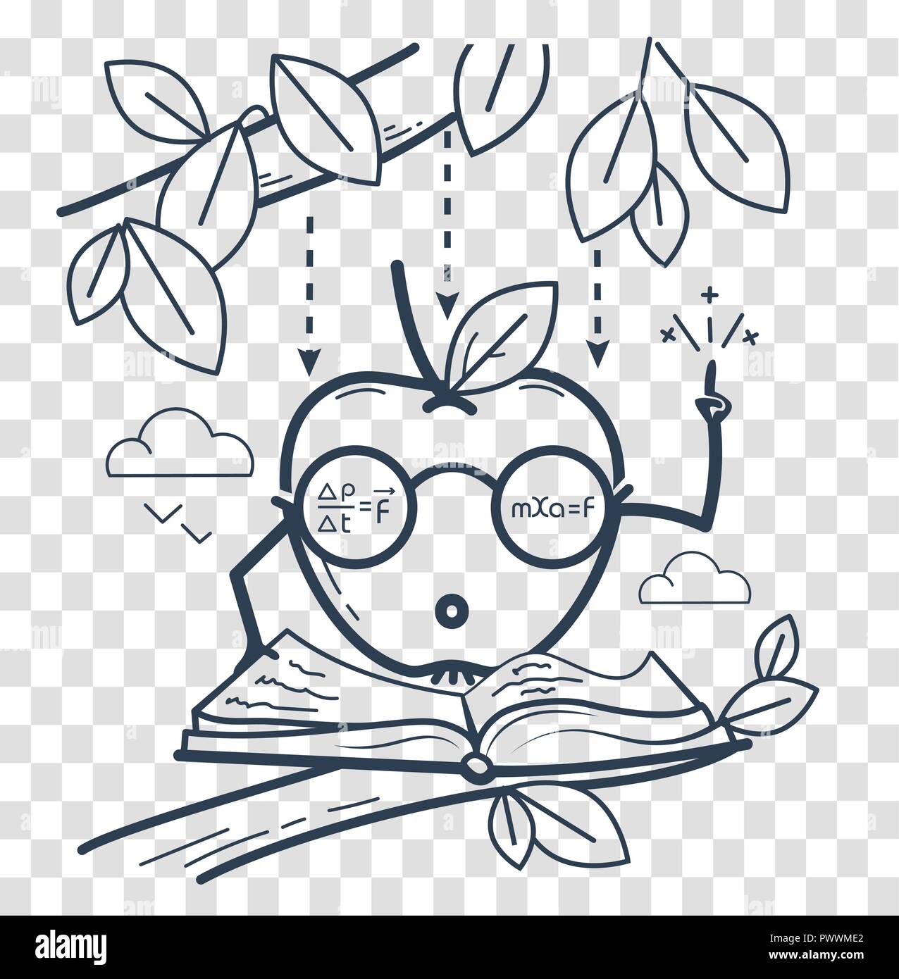 Concetto di conoscenze, scienza, apprendimento in forma di un divertente newtoniani apple. in bianco e nero illustrazione. Icona di stile lineare Illustrazione Vettoriale