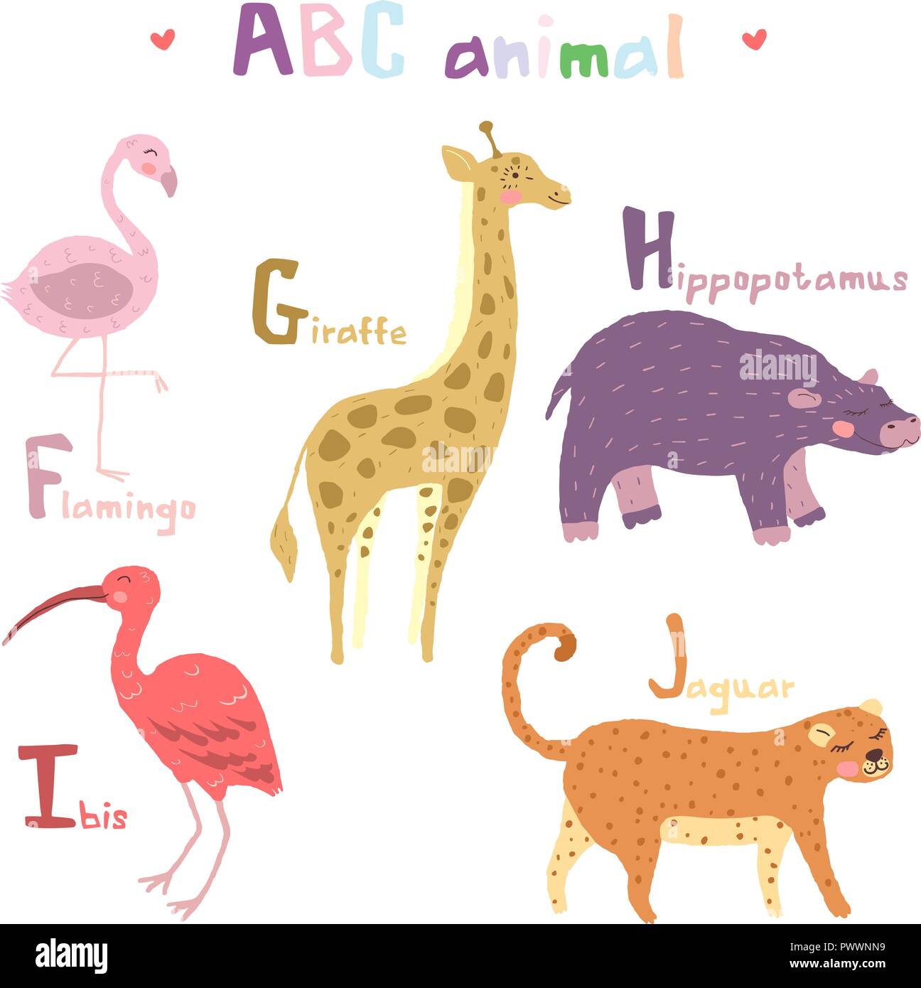 Vettore disegnati a mano carino alfabeto abc degli animali design scandinavo, flamingo, giraffe, hippopotamusl, ibis, jaguar Illustrazione Vettoriale