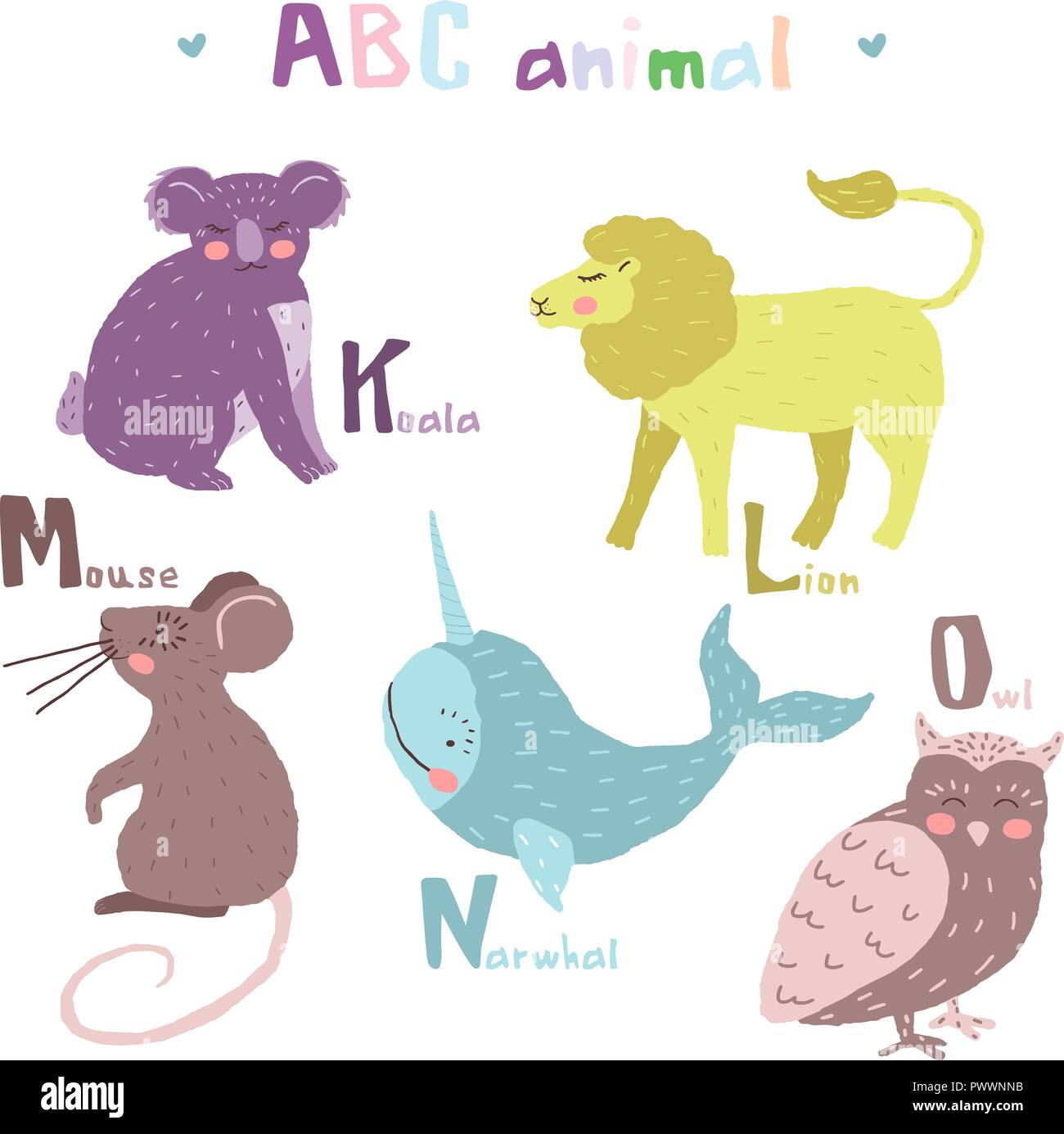 Vettore disegnati a mano carino alfabeto abc degli animali design scandinavo,lion,mouse,narwhal, dinosaur,owl Illustrazione Vettoriale