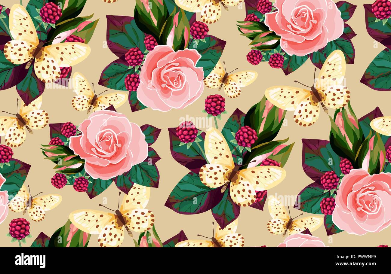 Vector floral pattern seamless fiori e farfalle. Rose di nozze, Berry, butterfles illustrazione Illustrazione Vettoriale
