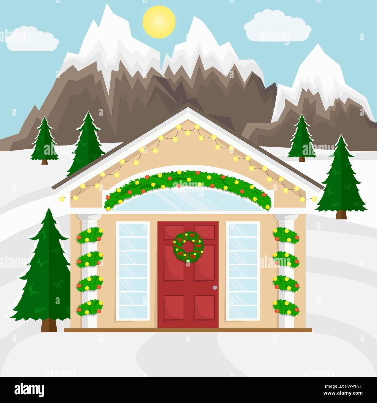 Casa natale con il nuovo anno la decorazione. Vacanze invernali. Ghirlanda di Natale. Inverno piatta illustrazione vettoriale. Paesaggio di montagna. Illustrazione Vettoriale