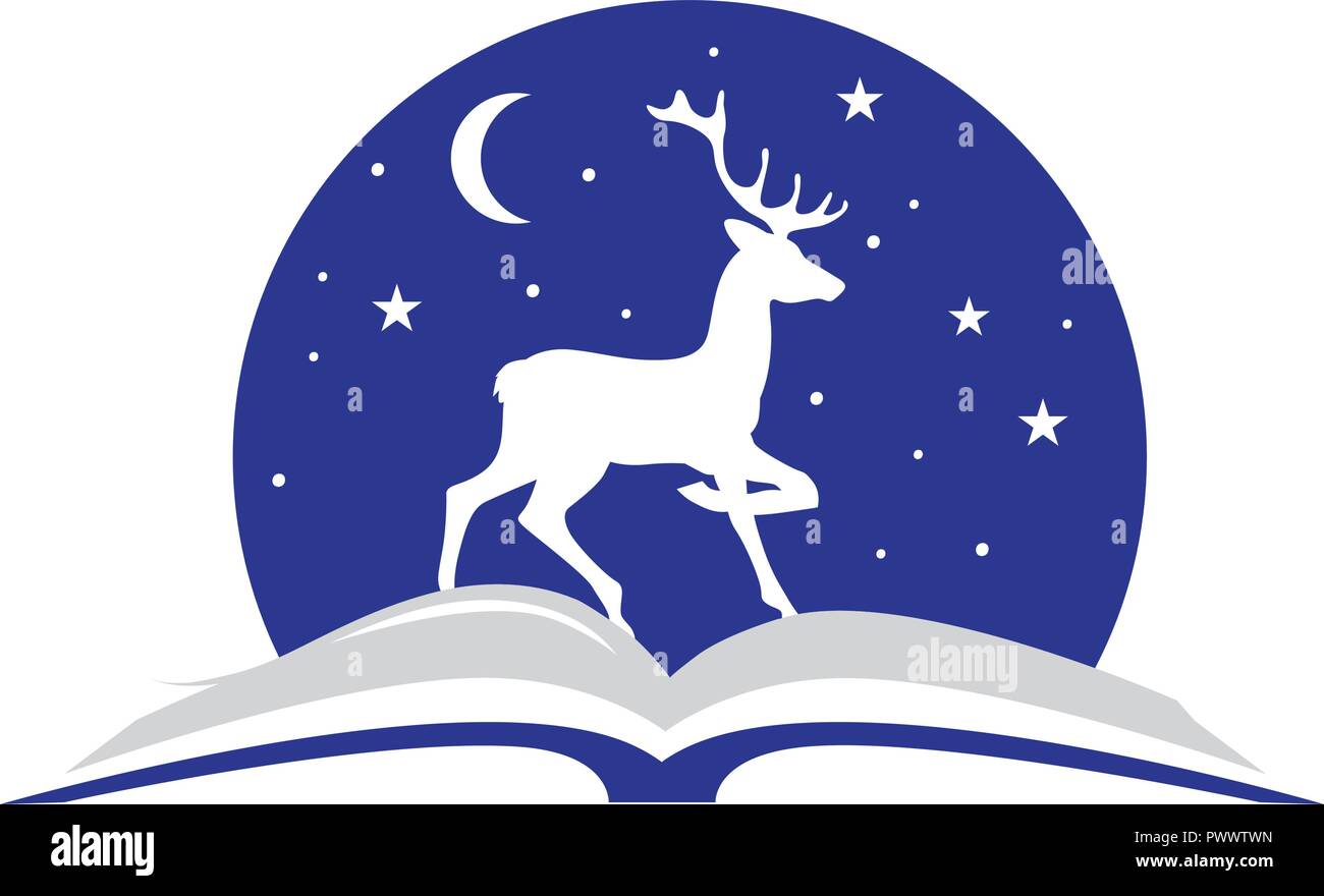 Aprire il libro di storia, il cervo e il cielo di notte. icona logo Illustrazione Vettoriale